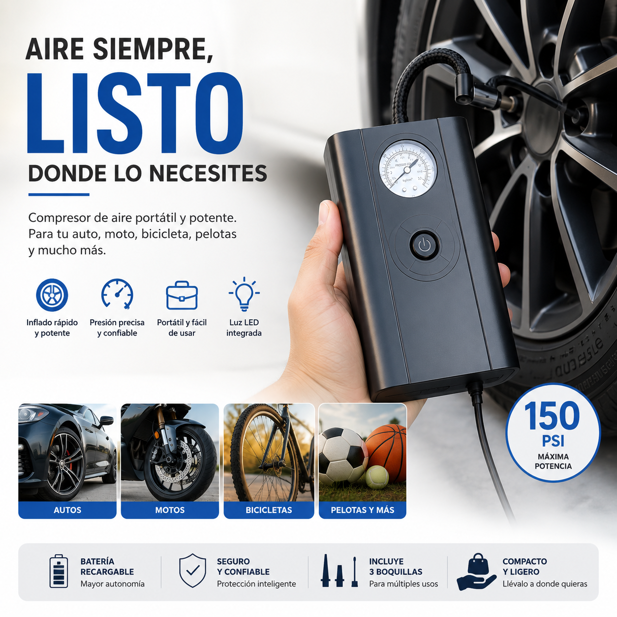 Compresor De Aire Portátil Inflador Neumáticos Multiusos